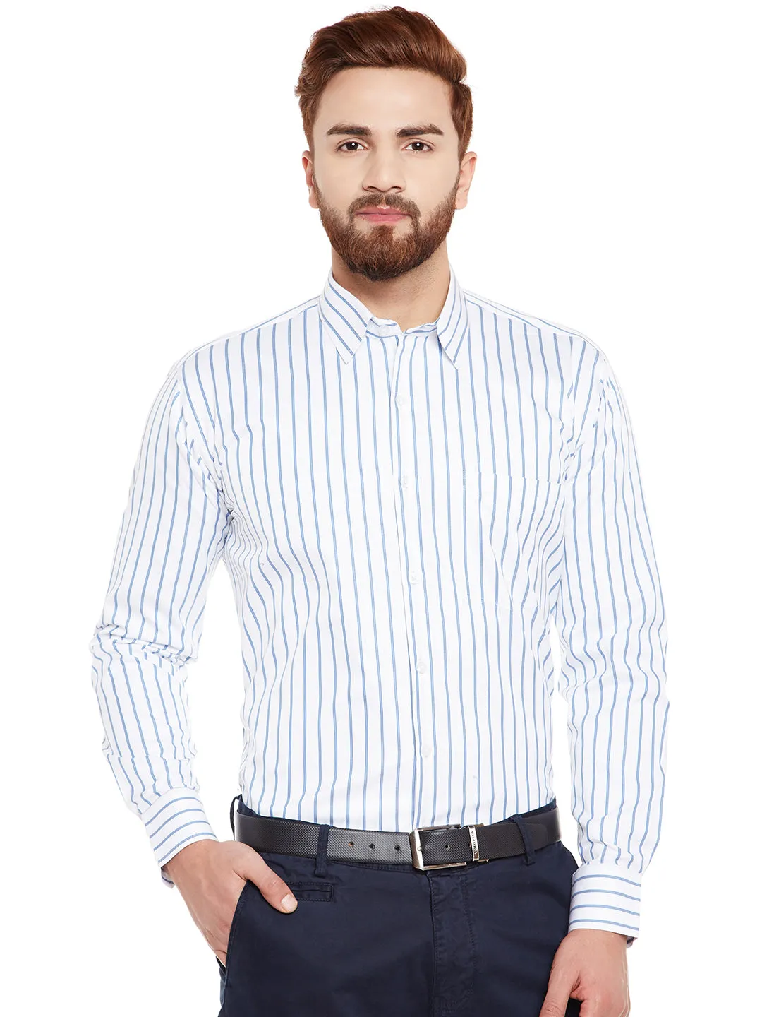 Men White Stripes Pure Cotton Slim Fit Formal Shirt