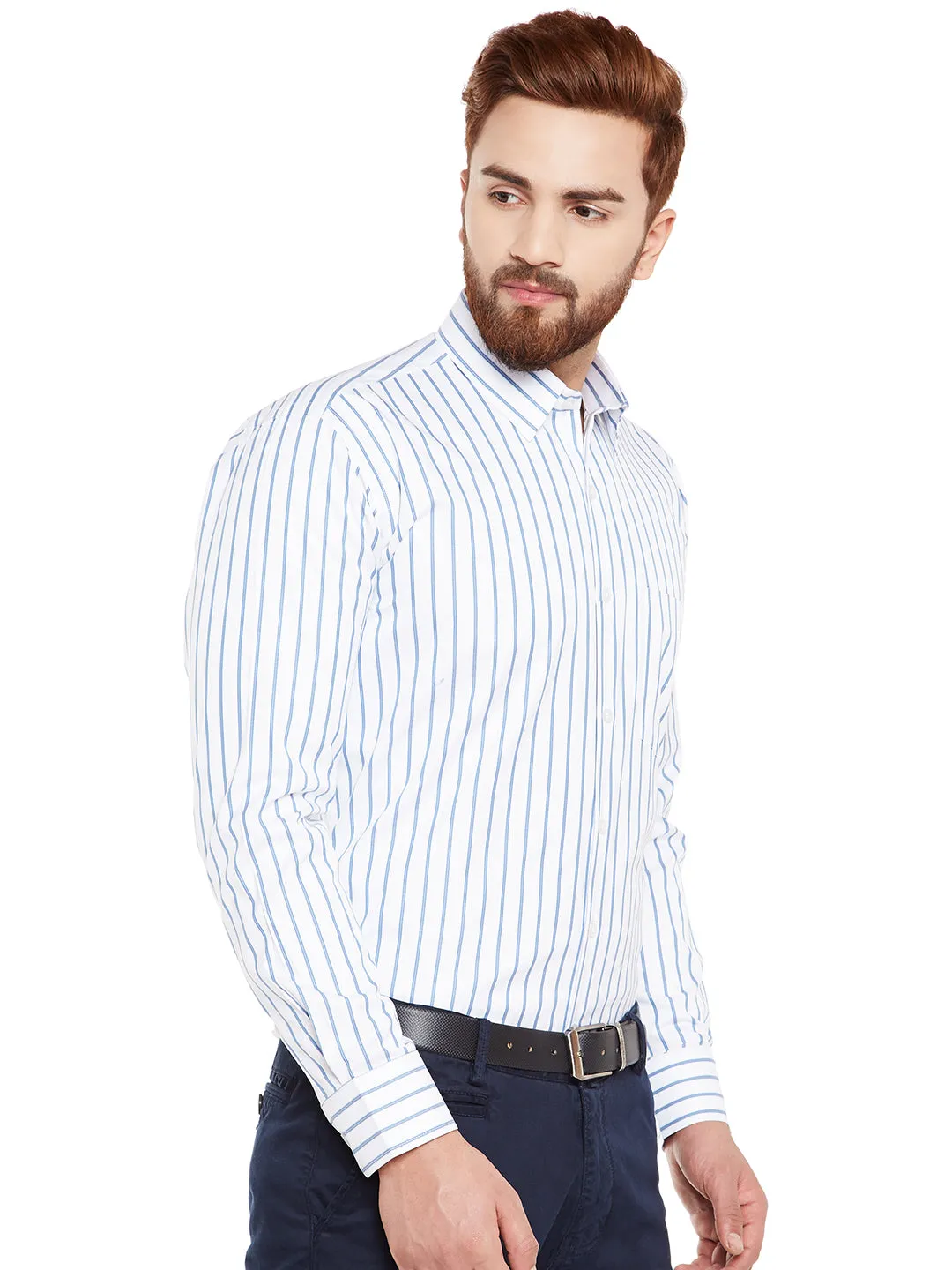Men White Stripes Pure Cotton Slim Fit Formal Shirt