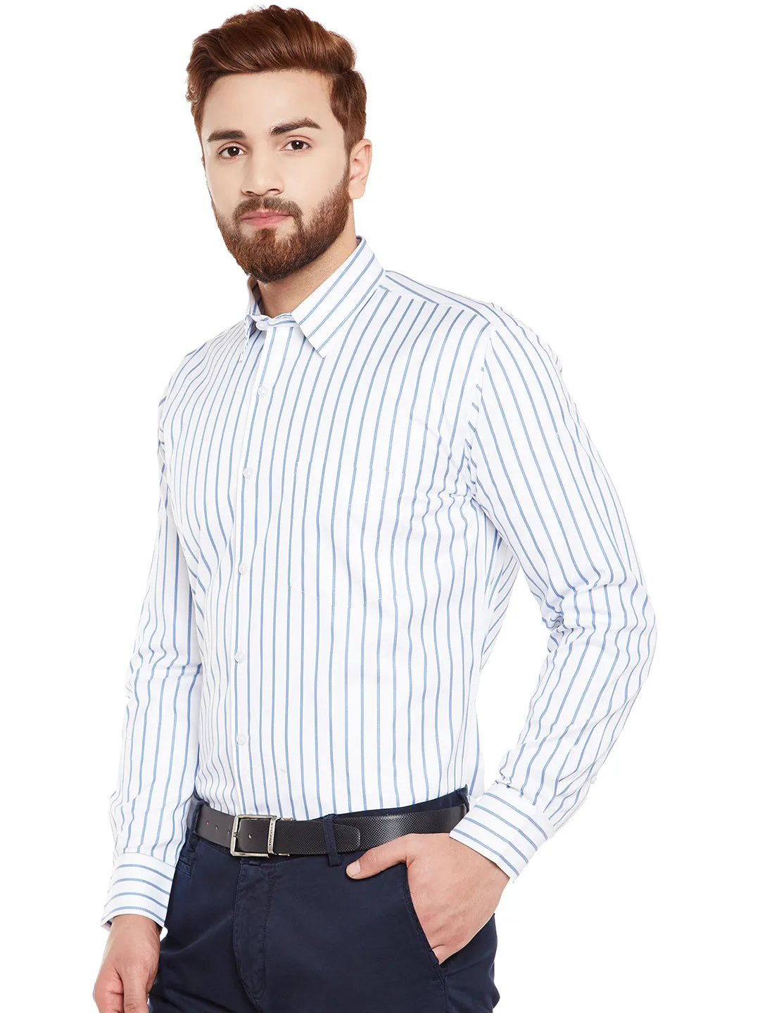 Men White Stripes Pure Cotton Slim Fit Formal Shirt