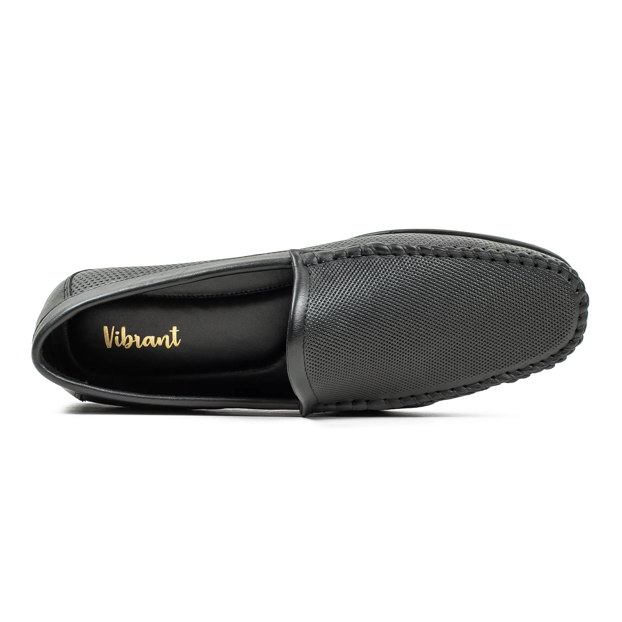 Men's Black Printed Leather Moccasin Shoes | Vibrant® Cushioned Comfort with TPR Outsole