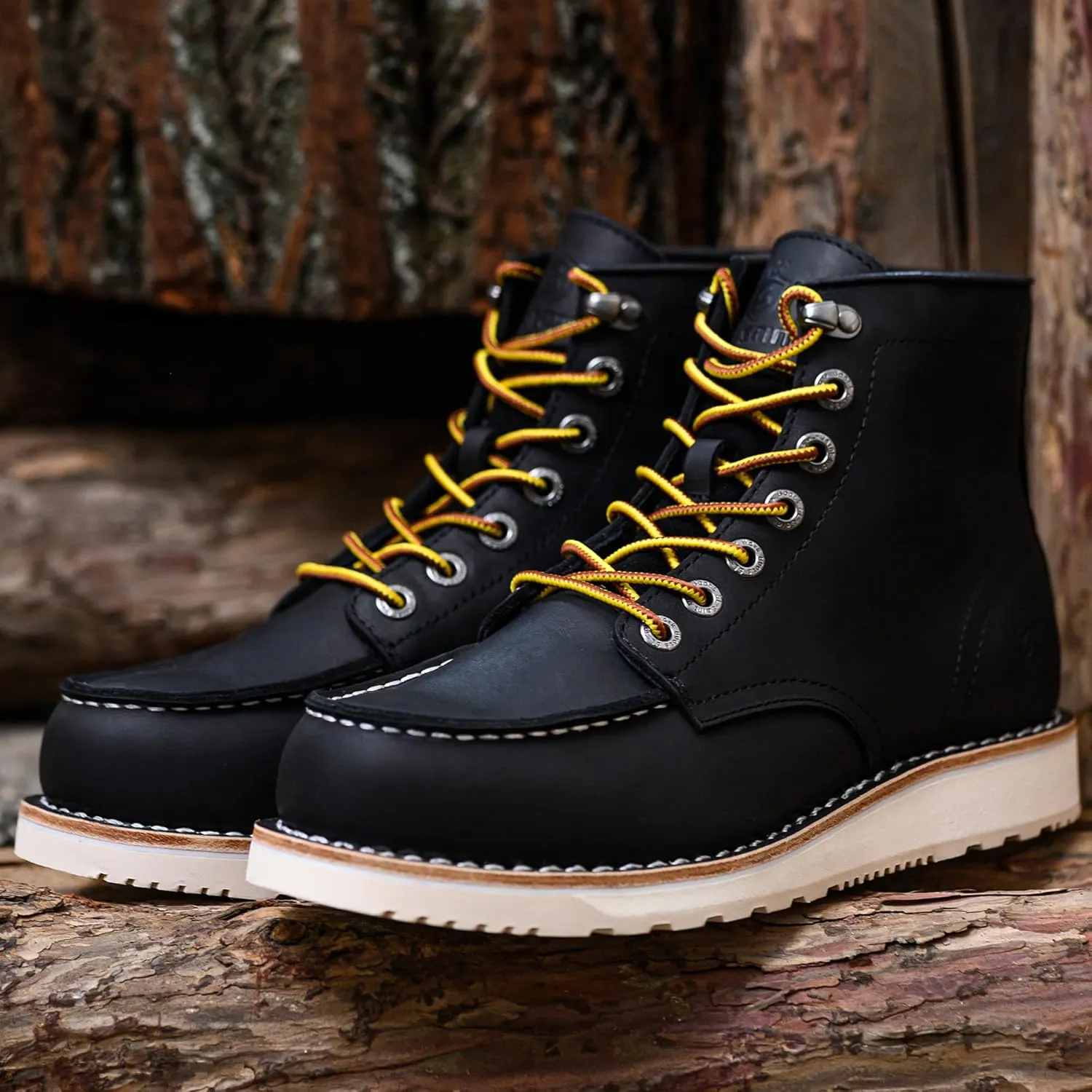 Mens Work Boots Soft Moc Toe Handmade Classic Ankle Fashion Casual 6 Inch Wedge Sole Industrial Construction Shoes Brown/Black