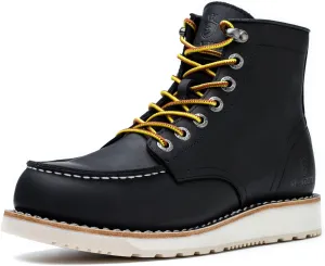 Mens Work Boots Soft Moc Toe Handmade Classic Ankle Fashion Casual 6 Inch Wedge Sole Industrial Construction Shoes Brown/Black