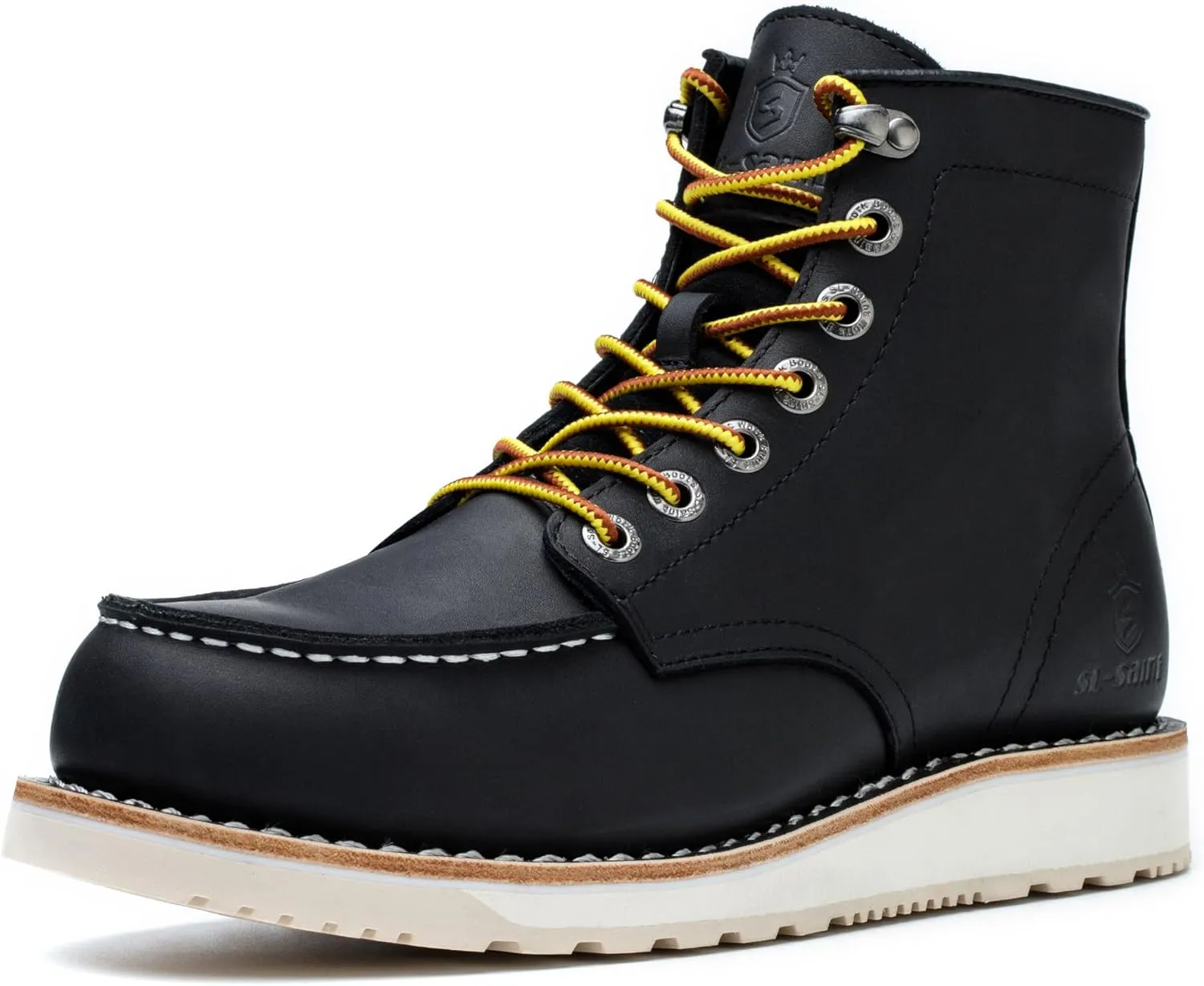 Mens Work Boots Soft Moc Toe Handmade Classic Ankle Fashion Casual 6 Inch Wedge Sole Industrial Construction Shoes Brown/Black