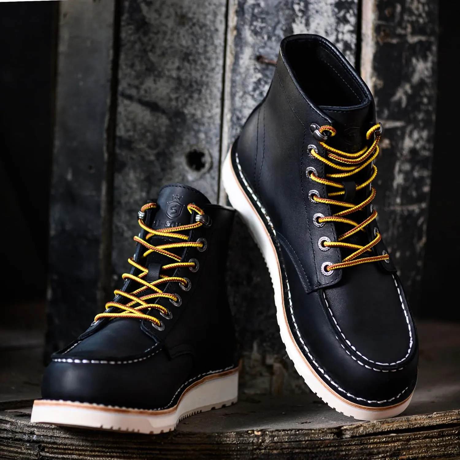 Mens Work Boots Soft Moc Toe Handmade Classic Ankle Fashion Casual 6 Inch Wedge Sole Industrial Construction Shoes Brown/Black