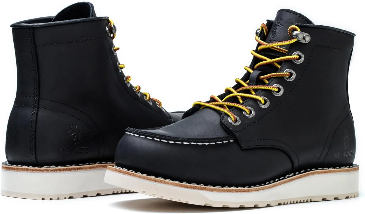 Mens Work Boots Soft Moc Toe Handmade Classic Ankle Fashion Casual 6 Inch Wedge Sole Industrial Construction Shoes Brown/Black