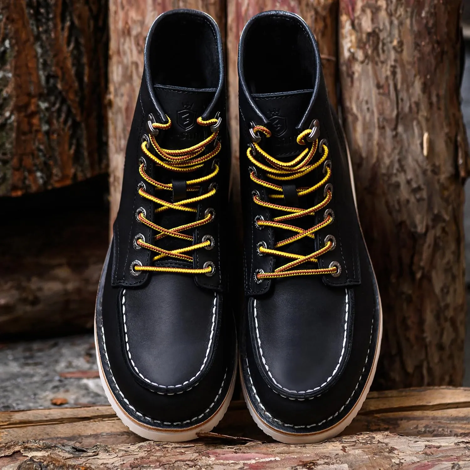 Mens Work Boots Soft Moc Toe Handmade Classic Ankle Fashion Casual 6 Inch Wedge Sole Industrial Construction Shoes Brown/Black