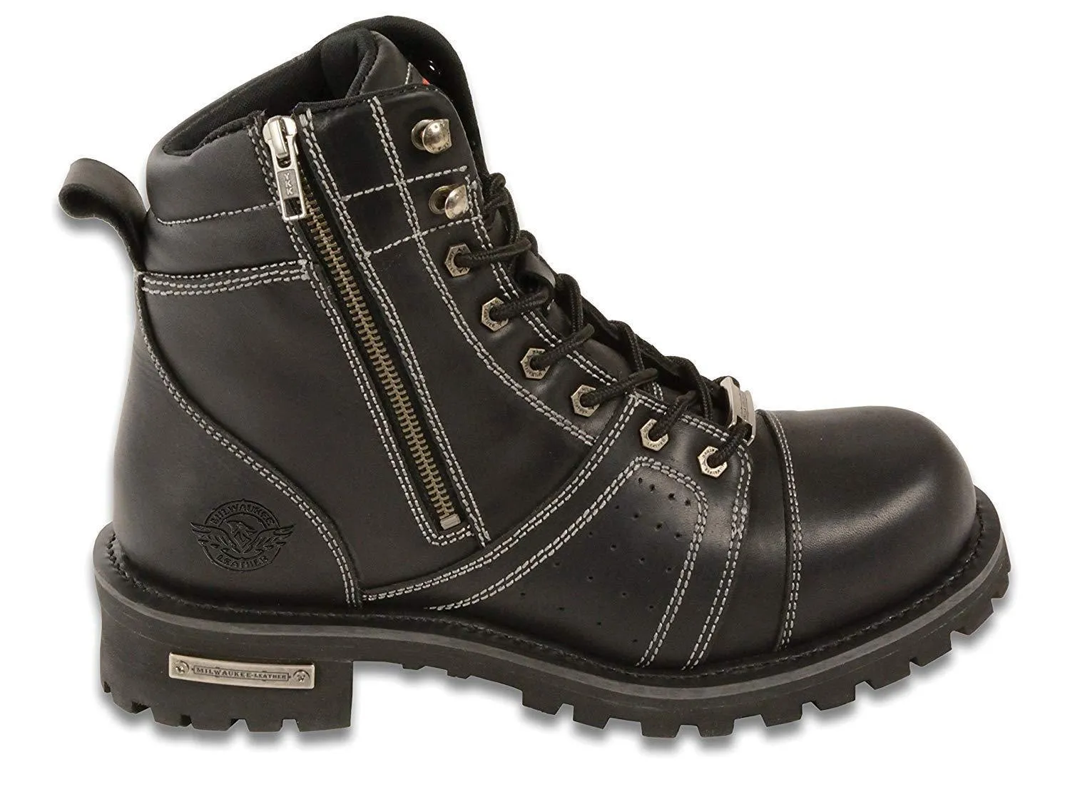 Milwaukee Leather Boots MBM9000  en's Black Leather Wide Boots with Contrast Stitching