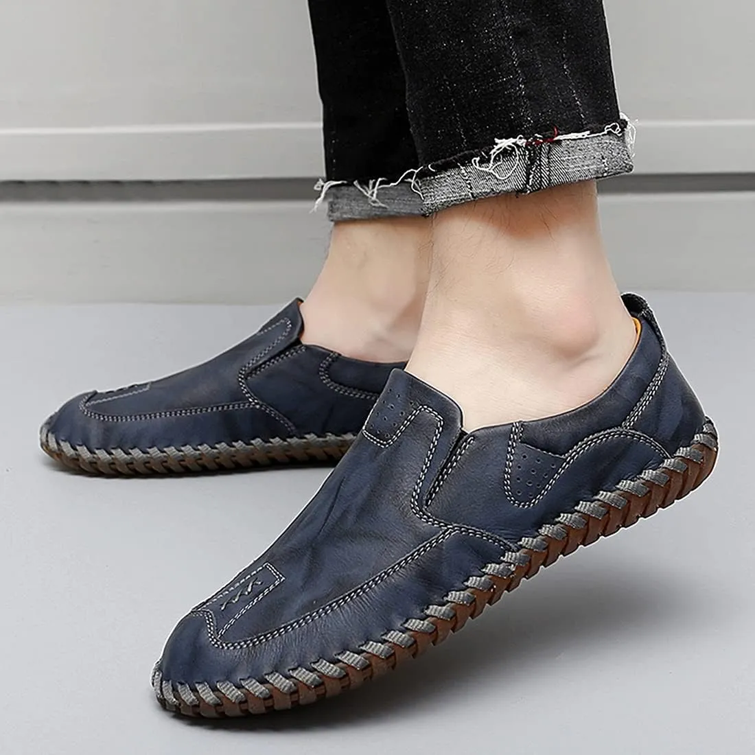 Minishion Mens Comfortable Slip on Shoes Cap Toe Breathable Walking Loafers Moccasins