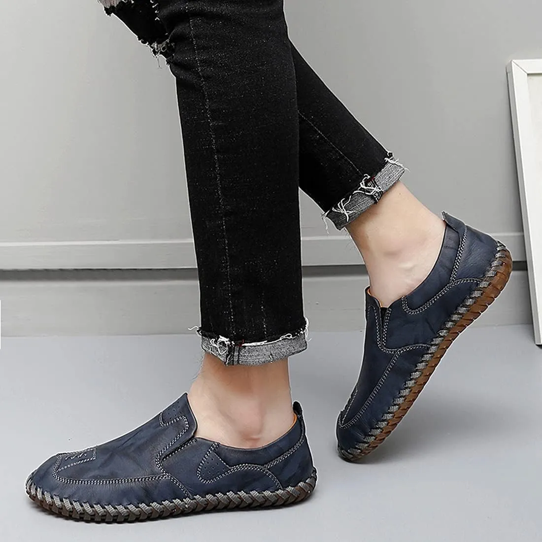 Minishion Mens Comfortable Slip on Shoes Cap Toe Breathable Walking Loafers Moccasins