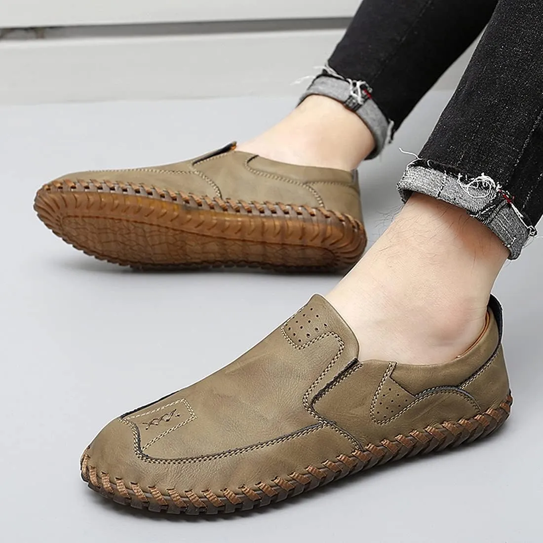 Minishion Mens Comfortable Slip on Shoes Cap Toe Breathable Walking Loafers Moccasins