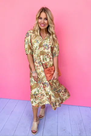 Paisley Floral Collared Notch Neck Honey Mix Midi Dress