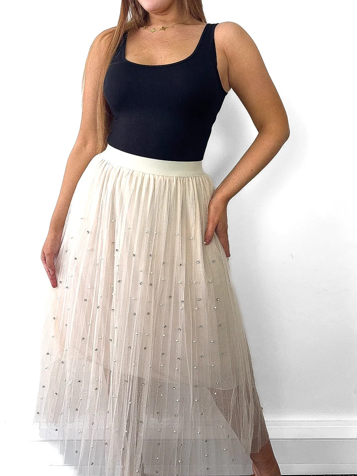 Pearl & Diamante Stud Mesh Midi Skirt