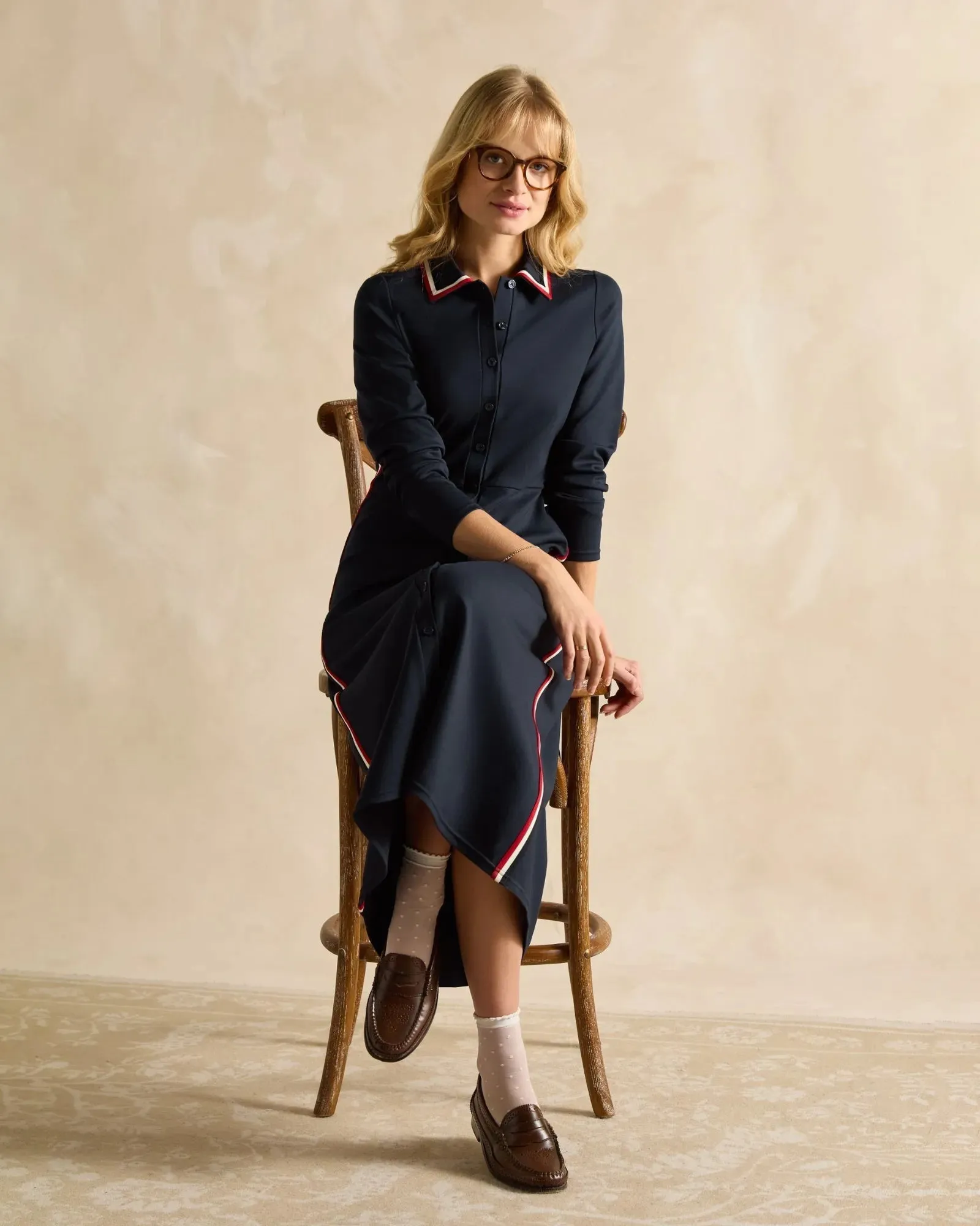 Pia Navy Blue Ponte Button Down Dress