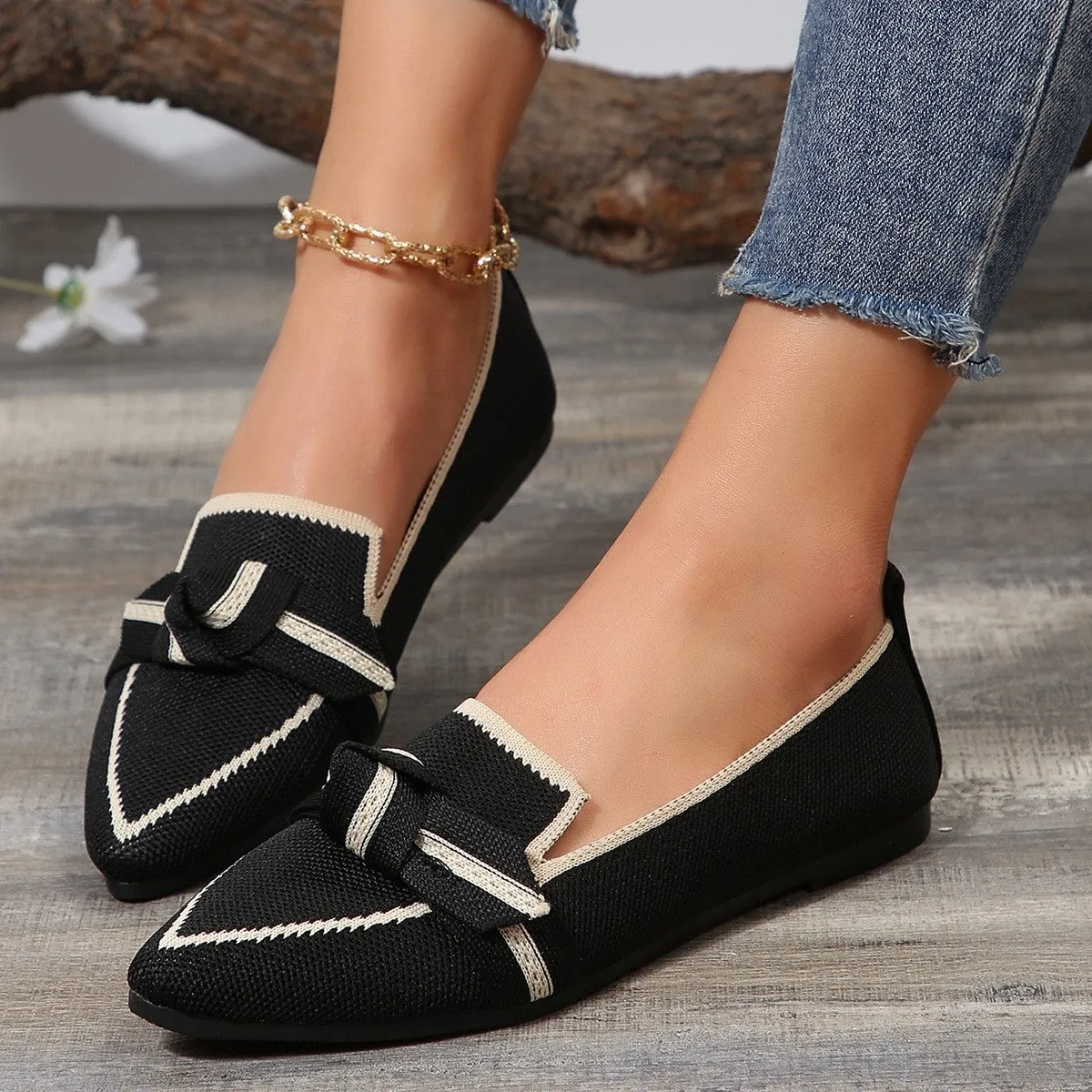 PRE-ORDER: Bow Contrast Trim Point Toe Loafers
