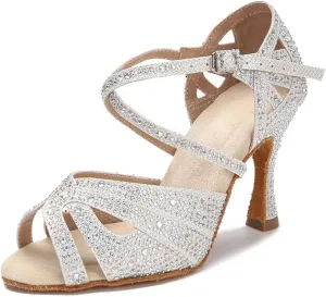 Rhinestone Wedding Sandals - Soft Sole Ballroom Heels for Latin Dance (9CM/3.54")
