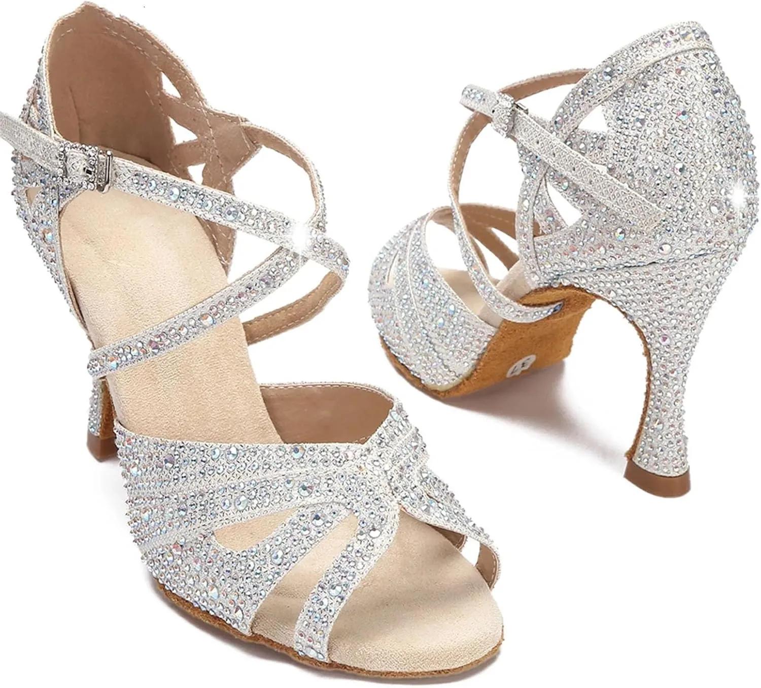 Rhinestone Wedding Sandals - Soft Sole Ballroom Heels for Latin Dance (9CM/3.54")