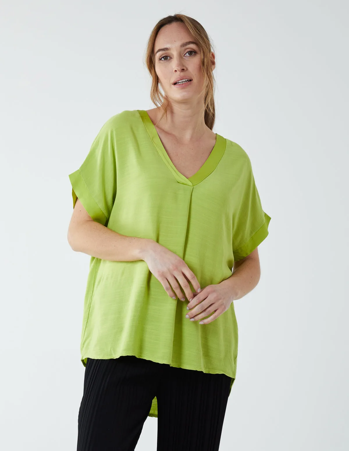 Satin Trim  V Neck Top