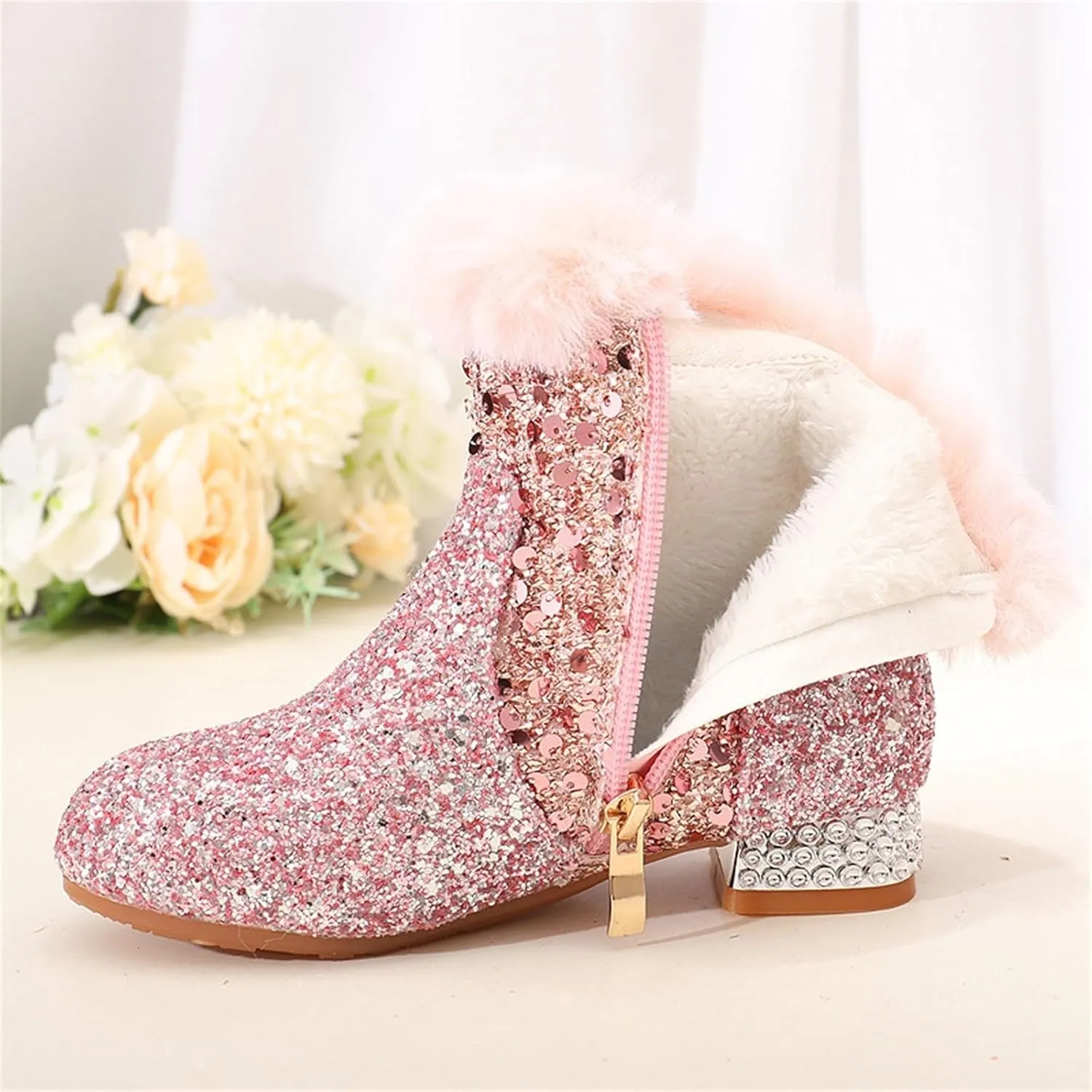 Sequins Fuzzy Snow Booties For Girls Kids High Heel Side Zipper Glitter Shoes Boots Childrens Outdoor Dress Dance Shoes