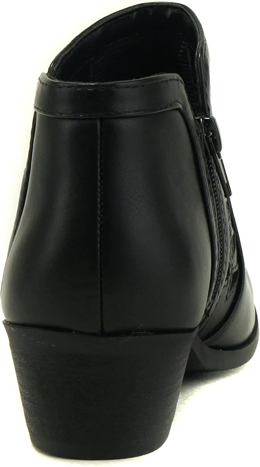 SODA Women's Round Toe Faux Suede Stacked Heel Western Ankle Bootie