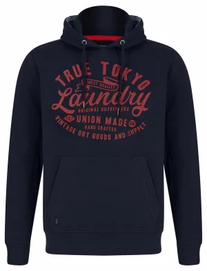 Sword Motif Brushback Fleece Pullover Hoodie in Sky Captain Navy - Tokyo Laundry