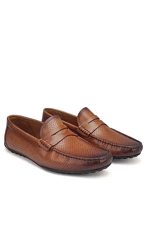 Tan Perforated Leather Moccasins