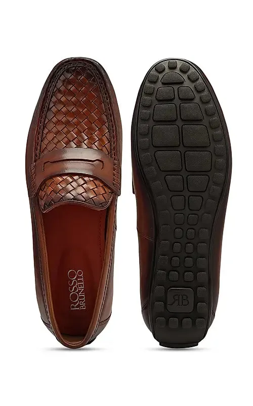Tan Woven Leather Moccasins