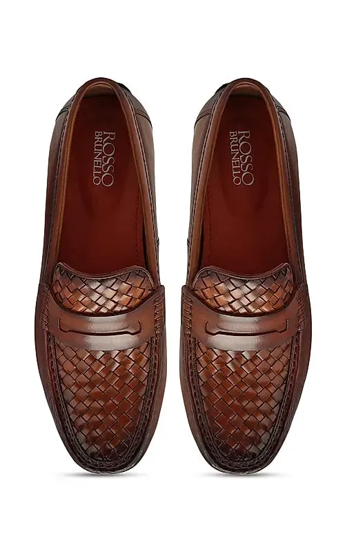 Tan Woven Leather Moccasins