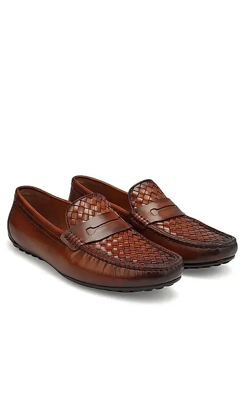 Tan Woven Leather Moccasins