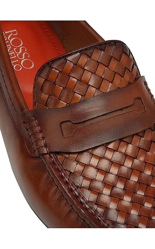 Tan Woven Leather Moccasins