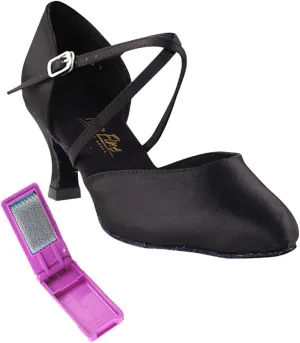 Very Fine Dance Shoes - Ladies Latin, Rhythm, Salsa, Waltz, Wedding Dance Shoes - 9691-2.5-inch Heel and Foldable Brush Bundle - Black Satin - 7.5