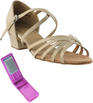 Very Fine Dance Shoes - Ladies Practice, Cuban Low Heel, Waltz Ballroom Dance Shoes - 1670C - 1.5-inch Heel and Foldable Brush Bundle - Tan Leather - 8.5