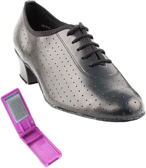 Very Fine Dance Shoes - Ladies Practice, Cuban Low Heel, Waltz Ballroom Dance Shoes - 2001-1.5-inch Heel and Foldable Brush Bundle - Black Perforated Leather - 8.5
