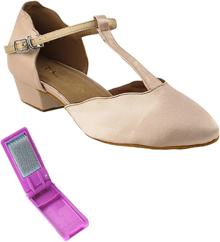 Very Fine Dance Shoes - Ladies Practice, Cuban Low Heel, Waltz Ballroom Dance Shoes - 6819FT - 1-inch Heel and Foldable Brush Bundle - Flesh Satin - 8.5