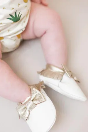 White and Gold Bow Leather Baby Moccasins