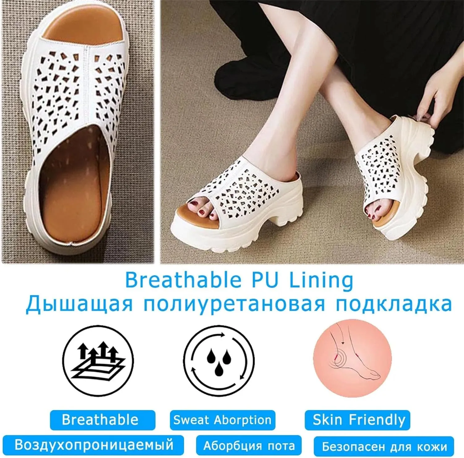 Women's Cow Genuine Leather Moccasins - 6.5cm Round Toe Platform Summer Hollow