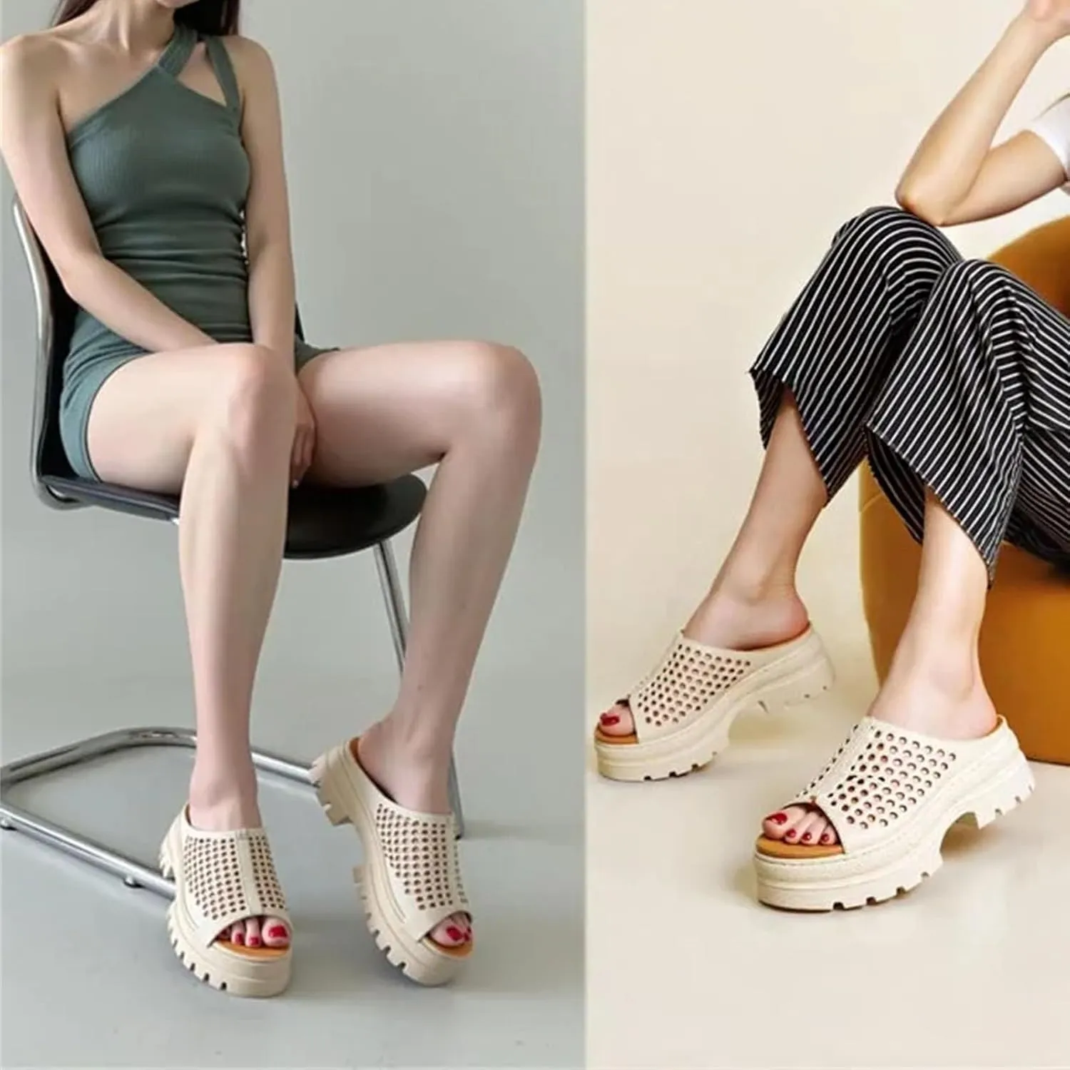 Women's Cow Genuine Leather Moccasins - 6.5cm Round Toe Platform Summer Hollow