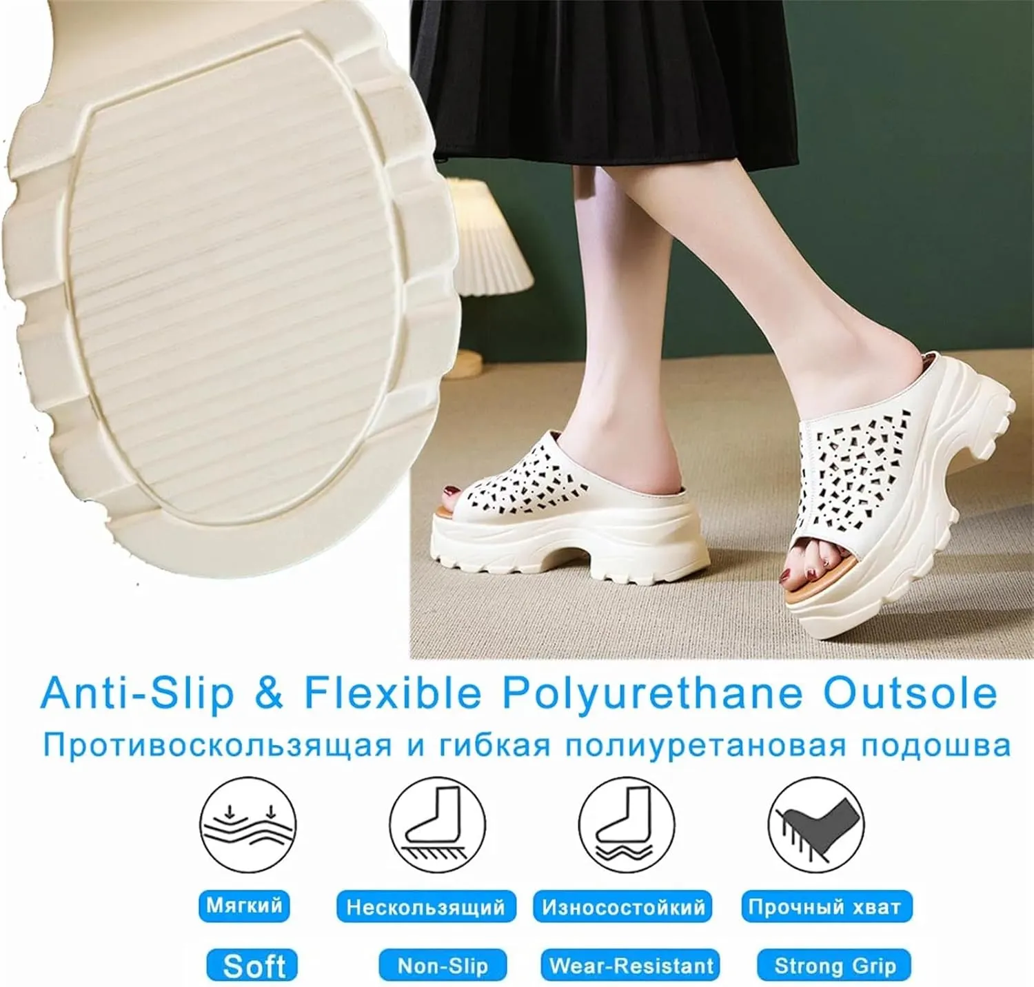 Women's Cow Genuine Leather Moccasins - 6.5cm Round Toe Platform Summer Hollow