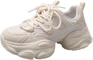 Womens Fashion Leather Platform Chunky Heels Lace Up Sneakers Casual Breathable Non-Slip Walking Dad Shoes Comfortable Soft Sneakers