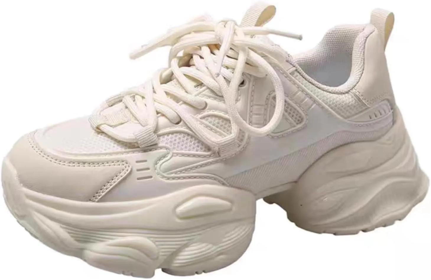 Womens Fashion Leather Platform Chunky Heels Lace Up Sneakers Casual Breathable Non-Slip Walking Dad Shoes Comfortable Soft Sneakers