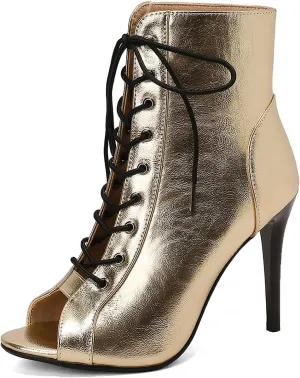 YKXLM Latin Dance Boots Salsa Women Ballroom Lace-up Ankle Open Toe Dance Shoes,9676-1,Gold,7US