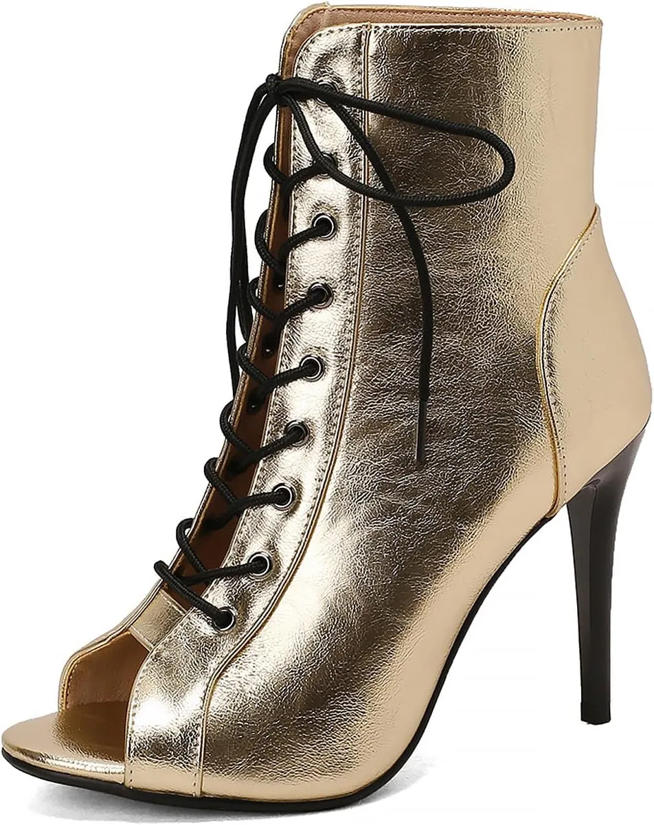 YKXLM Latin Dance Boots Salsa Women Ballroom Lace-up Ankle Open Toe Dance Shoes,9676-1,Gold,7US