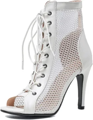 YKXLM Women Open Toe Dance Boots Latin Salsa Ballroom Lace-up Ankle Dance Shoes,B55,3 inch Heel,White,6.5 US