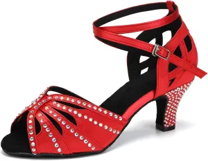 YKXLM Women Rhinestone Ballroom Dance Shoes Latin Performance Dance Shoes Women Suede Sole,2 1/3 inch Heel,Red,5.5US