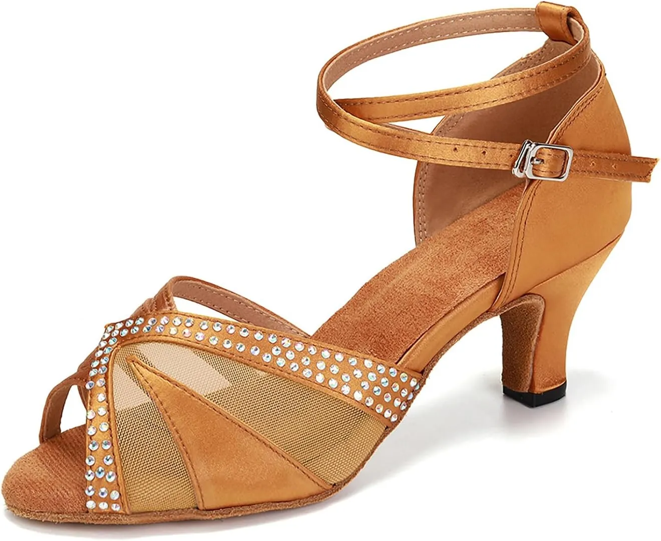 YKXLM Women Rhinestone Ballroom Dance Shoes Latin Performance Dance Shoes Women Suede Sole,L165,2 1/3 inches Heel,Brown,6US