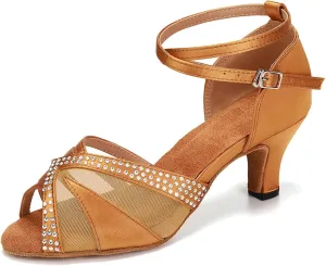 YKXLM Women Rhinestone Ballroom Dance Shoes Latin Performance Dance Shoes Women Suede Sole,L165,2 1/3 inches Heel,Brown,6US