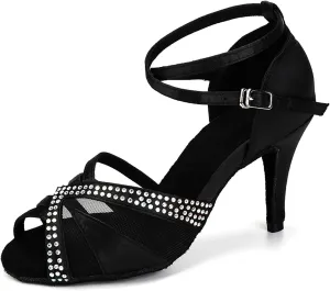 YKXLM Women Rhinestone Ballroom Dance Shoes Latin Performance Dance Shoes Women Suede Sole,L165,3 1/3 inches Heel,Black,5US