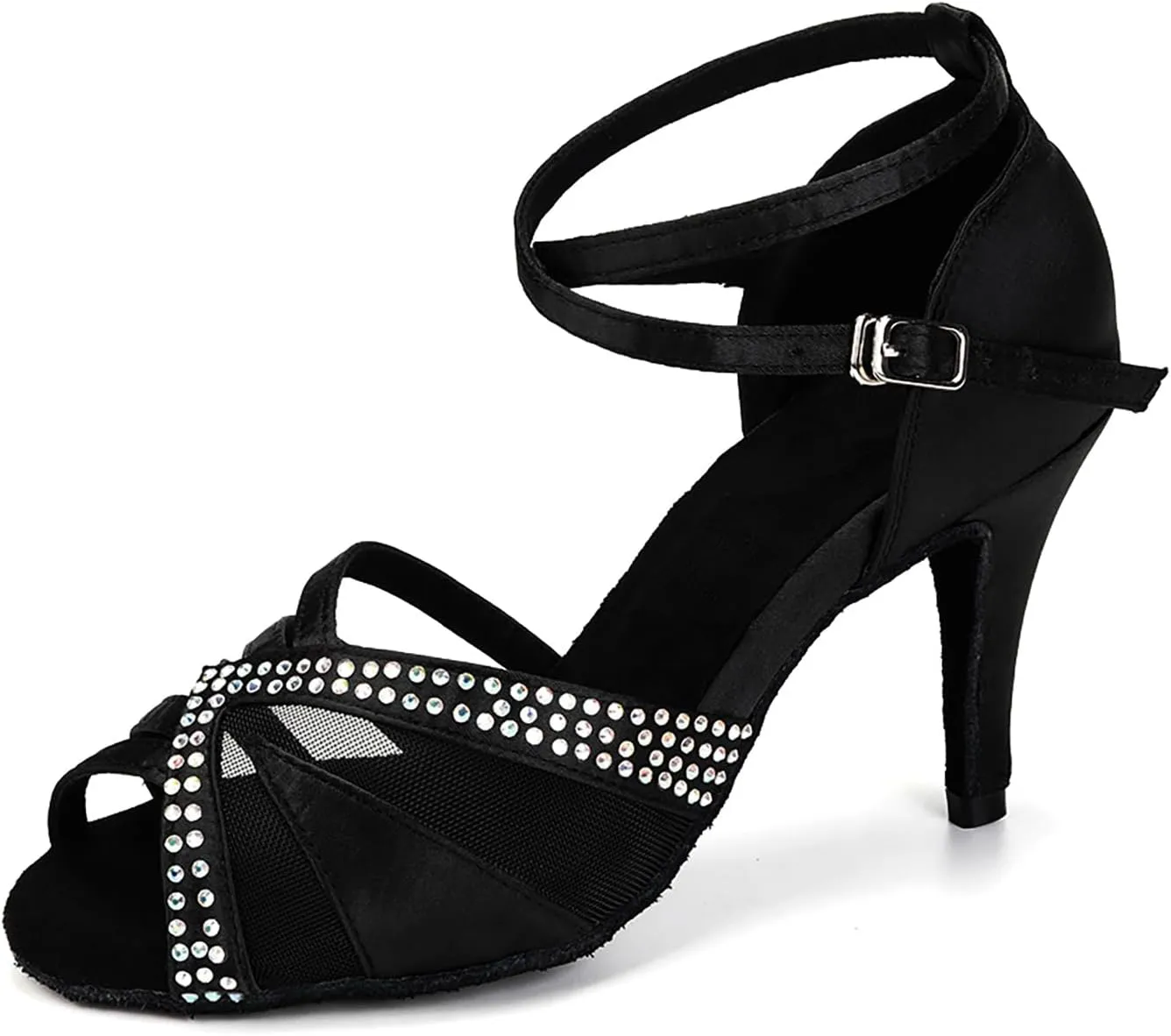 YKXLM Women Rhinestone Ballroom Dance Shoes Latin Performance Dance Shoes Women Suede Sole,L165,3 1/3 inches Heel,Black,5US