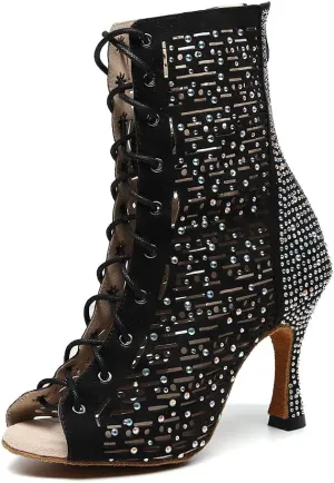 YKXLM Women's Ballroom Latin Salsa Dance Shoes Lace-up Open-Toe Dance Boots Rhinestones,9007